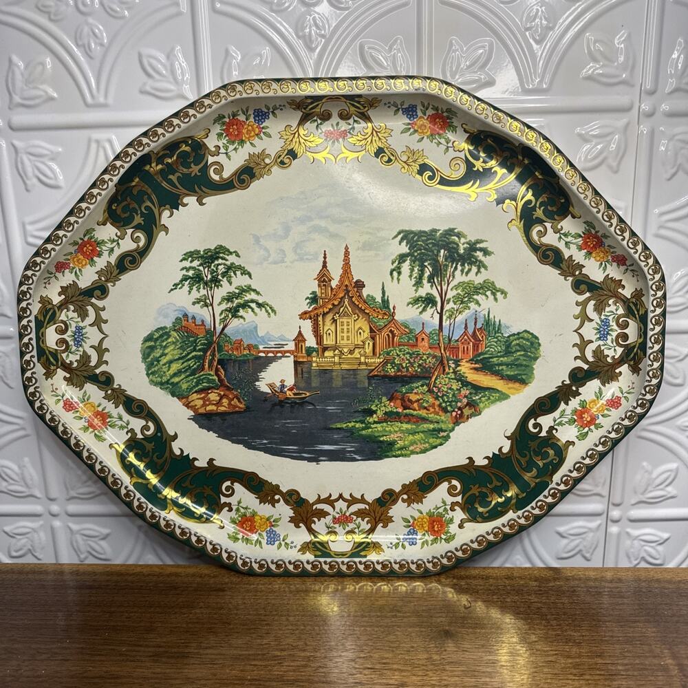 VTG 1970s Daher England Metal Tray Scenic Pagoda Gold Floral 17.5" Gold Trim